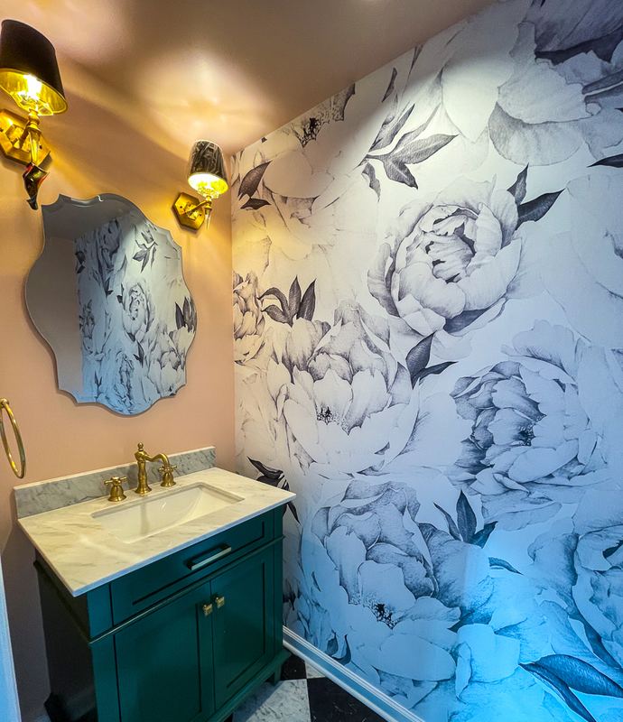 Green vanity and a floral mural, a bathroom remodel by Sidney Design & Build in Winchester, VA