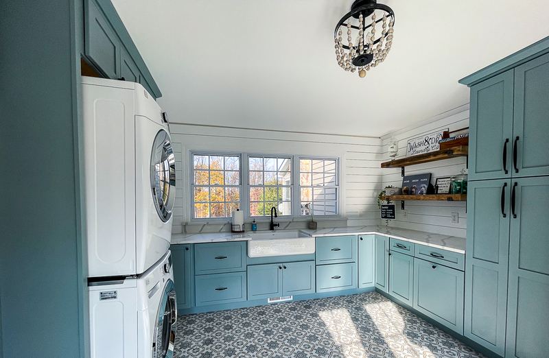 Stacked laundry and mudroom bench, a laundry room remodel by Sidney Design & Build in Winchester, VA