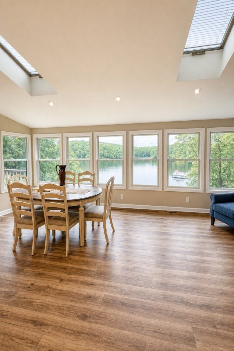 Dining room renovation skylights and water view by Sidney Design & Build