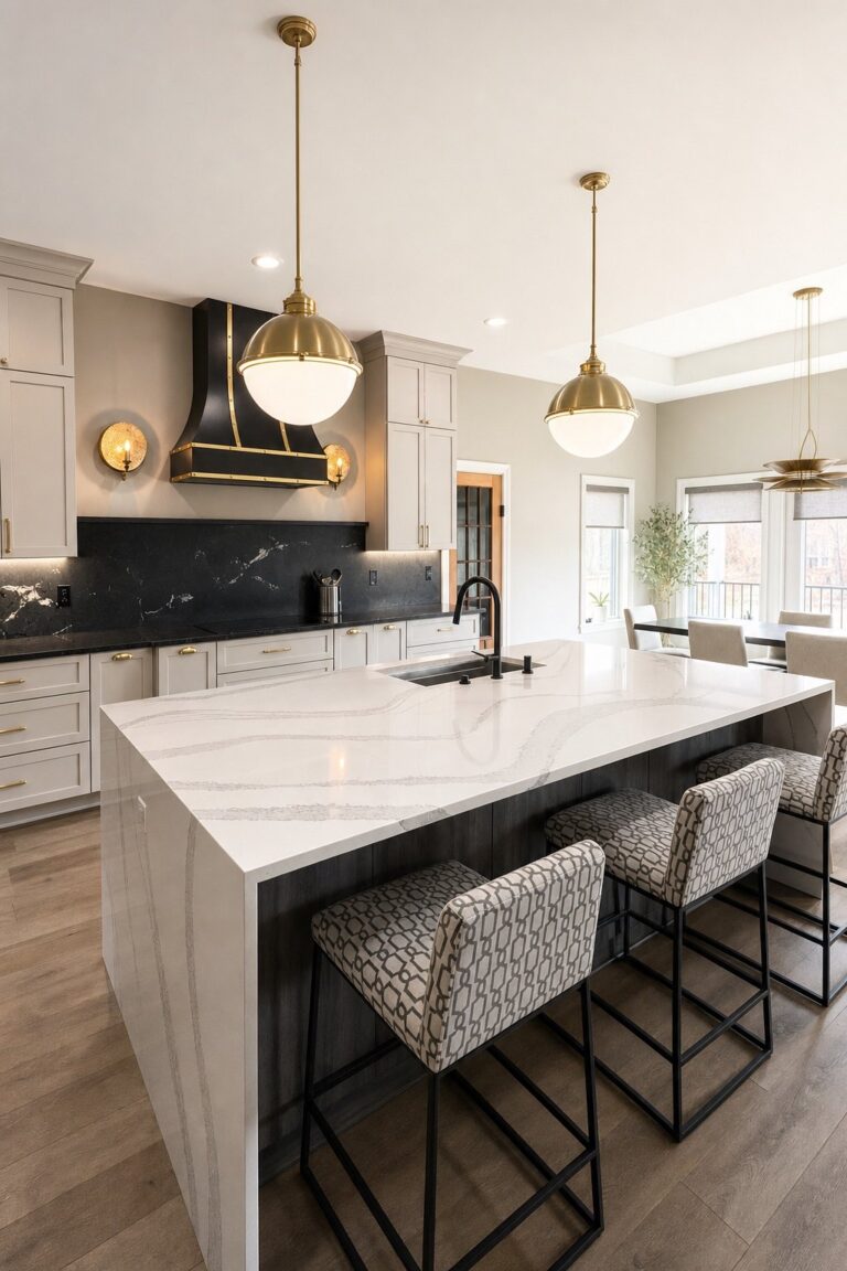 Kitchen remodel waterfall island seating and dining area by Sidney Design & Build