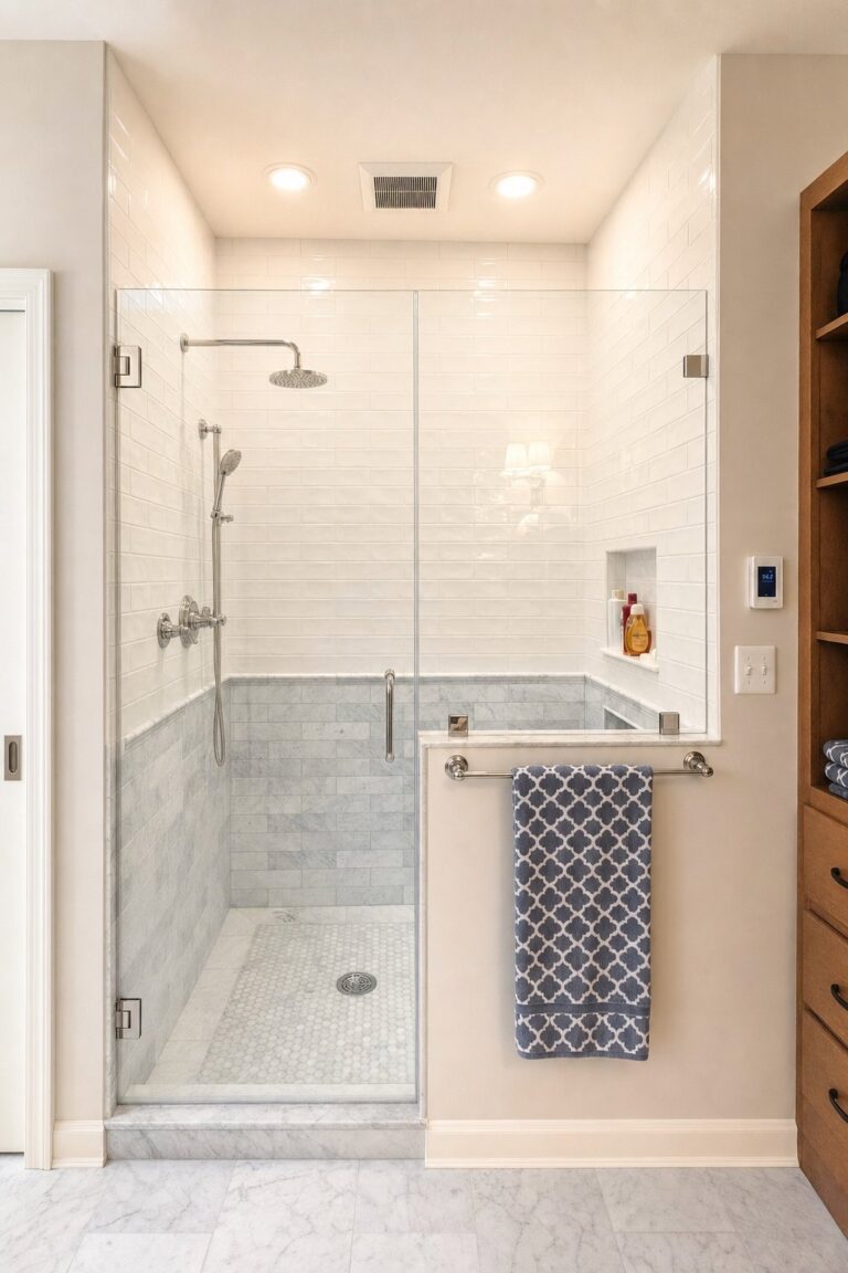 Primary bathroom walk in shower marble look and subway tile by Sidney Design & Build