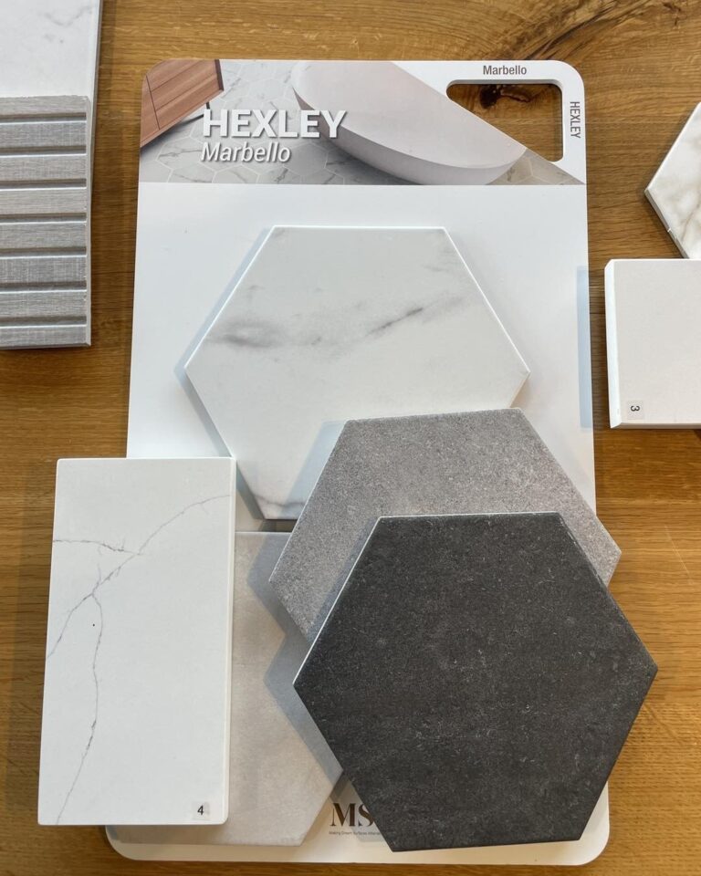 Hexagon tile and quartz countertop samples at The Sidney Renovation Shop in downtown Winchester, VA