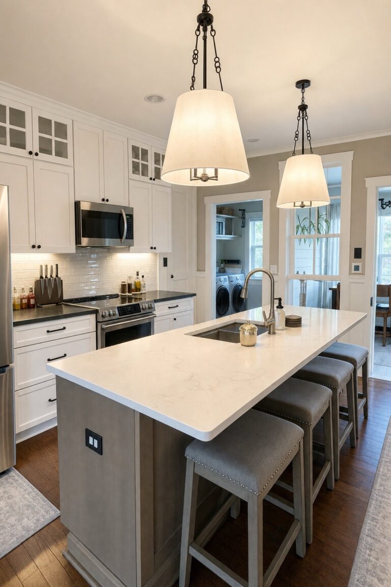 White kitchen remodel island seating drum pendants by Sidney Design & Build